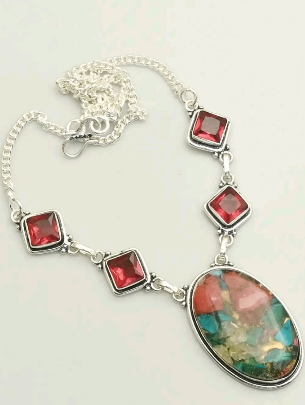 Spiny Oyster Turquoise and Garnet Gemstone 925 Sterling Silver Handmade Necklace